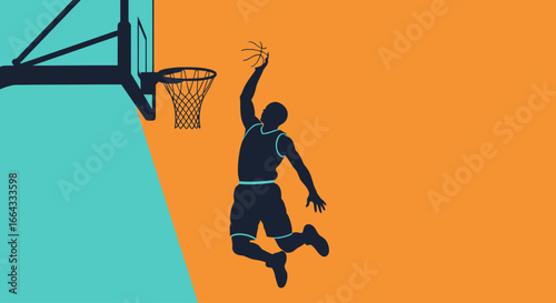 Silhouette of a basketball player in mid-air, dunking the ball into the hoop.