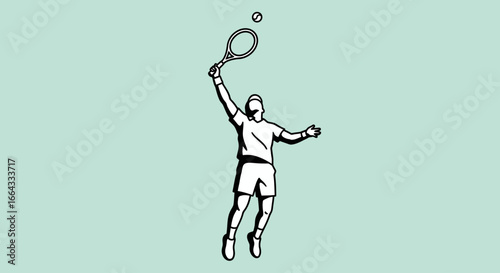Tennis player in mid-air, serving a ball, dynamic pose, simple graphic style.
