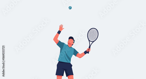 Tennis player serving, arm raised, ball in air, racket poised, athletic stance, focused expression.