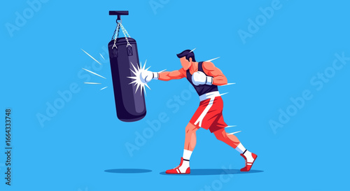 A boxer in red shorts and gloves powerfully punches a heavy bag, training for a fight.