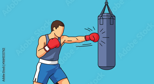 Boxer powerfully punches heavy bag during intense training session.
