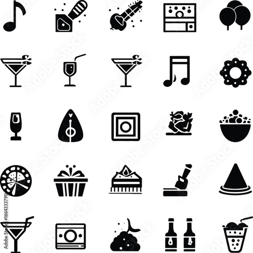 5x5 Grid of Black and White Icons Representing Food, Drinks, Music, and Entertainment Including Musical Notes, DJ Turntables, Pizza, Cupcakes, Balloons, Beer Bottles, Microphones, and Party Symbols