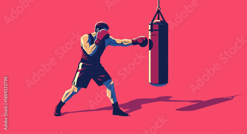 A boxer in action, throwing a punch at a heavy bag, training in a gym.