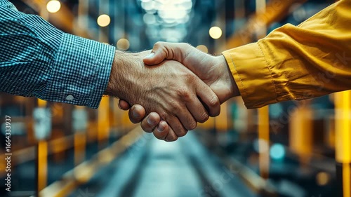 Successful business deal handshake at modern industrial factory video montage