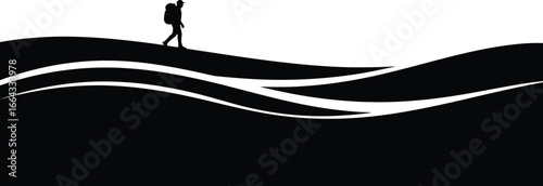 Inspiring silhouette of a hiker with backpack walking across abstract hills