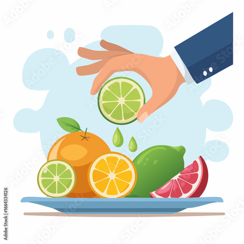 Hand Placing Lime Slices On Plate Of Assorted Citrus Fruits