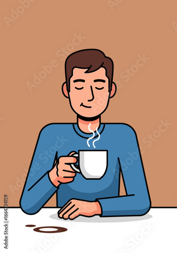 Man serenely enjoying a warm cup of coffee, eyes closed, peaceful moment.
