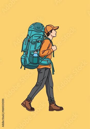 Young adventurer on a walking journey, carrying a large trekking backpack. Minimalist vector illustration of a hiker for travel and exploration concepts