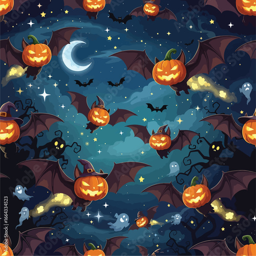 Seamless Pattern, Spooky Halloween night scene with flying pumpkin bats and ghostly apparitions Stock royalty free