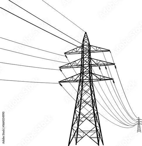 High voltage electric transmission tower with power lines, energy distribution, industrial steel pylon structure, isolated on white background, electricity infrastructure concept