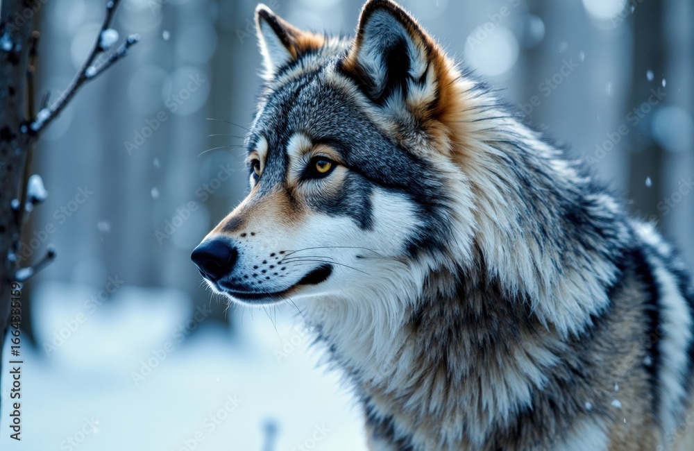 Fototapeta premium A majestic wolf standing in a snowy forest scene with a calm and alert expression