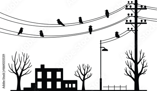 Silhouette illustration of birds sitting on electric wires above residential area with trees, power pole, house and streetlamp in urban nature scene