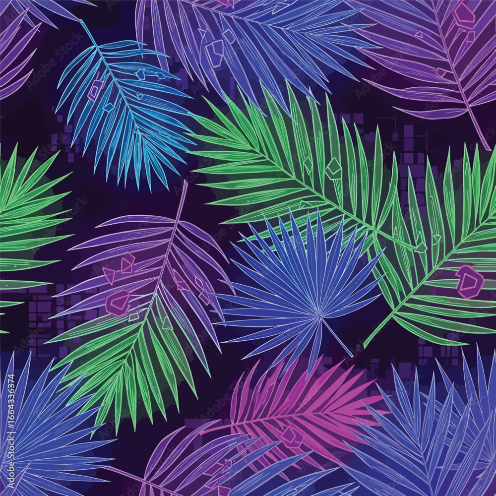Obraz premium Seamless Pattern, Vibrant tropical leaf pattern with neon outlines on a dark background art Stock royalty free.