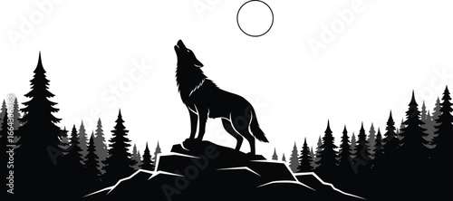 Powerful wolf howling at moon in dark forest silhouette illustration