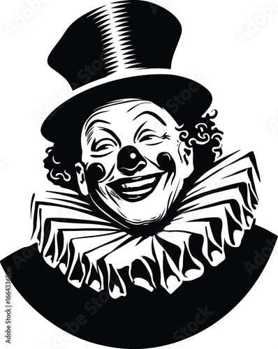 Black and White Stylized Illustration of a Vintage Circus Clown with Wide Smile, Round Nose, Curly Hair, Ruffled Collar, and Tall Curved Hat Evoking Entertainment and Cultural Symbolism