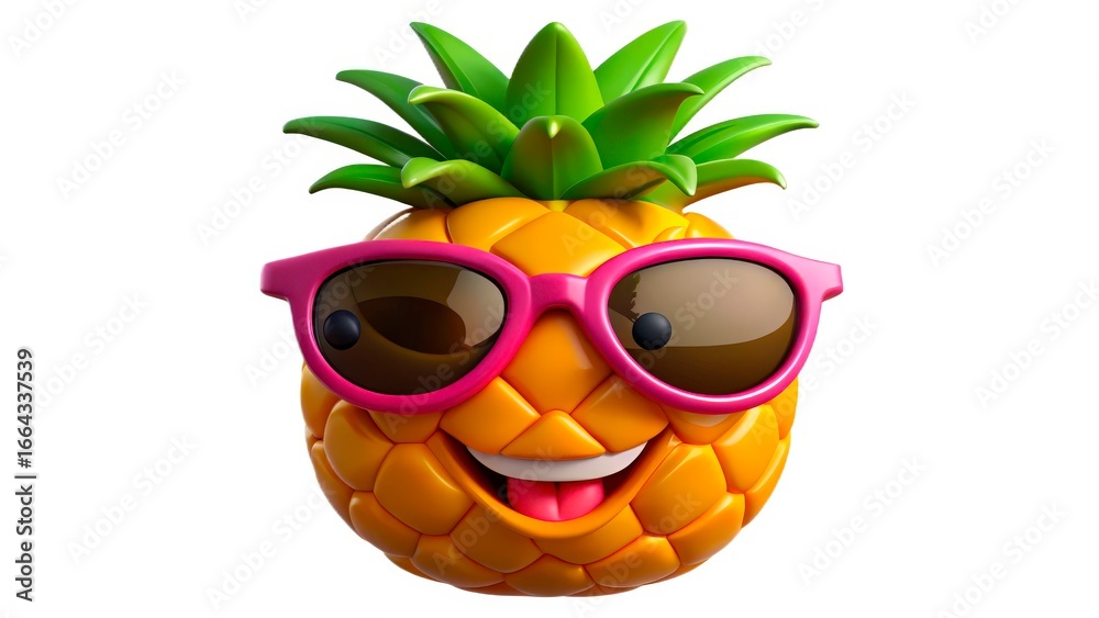Naklejka premium Playful pineapple character wearing pink sunglasses with a big smile and green leaves on top