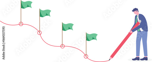 Flat illustration of businessman draw workflow line with achievement flag on progress map project milestone working process tracking work experience journey



