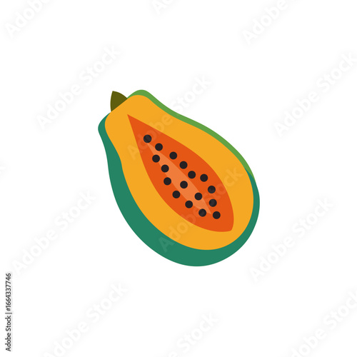 Papaya Slice Flat Vector Illustration, Exotic Tropical Orange Fruit Clipart