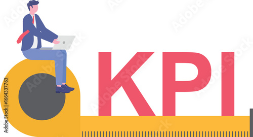 Flat illustration of businessman measuring Key Performance Indicator KPI box for evaluating success metrics and improve business

