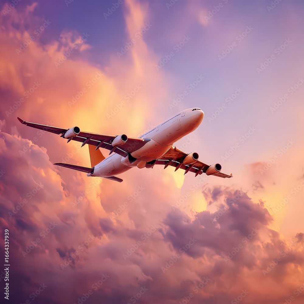 Fototapeta premium Passenger Airplane In Dramatic Sunset Sky