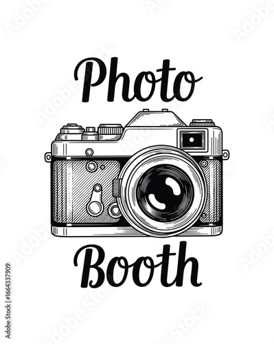 Elegant hand-drawn camera design featuring Photo Booth text. Black ink on white background. Vector Illustration.