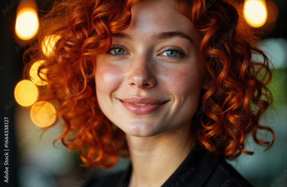 Fototapeta premium Woman with curly red hair smiling in warm lighting