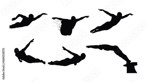 Silhouette of swimmers in various poses, showcasing the beauty and fluidity of the sport isolated on white background