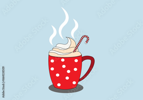 Taza navideña roja con chocolate caliente y bastón de caramelo