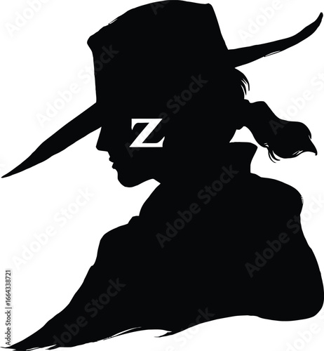 Black Silhouette of a Person in Wide-Brimmed Hat and Cloak with Ponytail and White “Z” Mark Symbolizing Zorro’s Iconic Persona of Justice and Rebellion