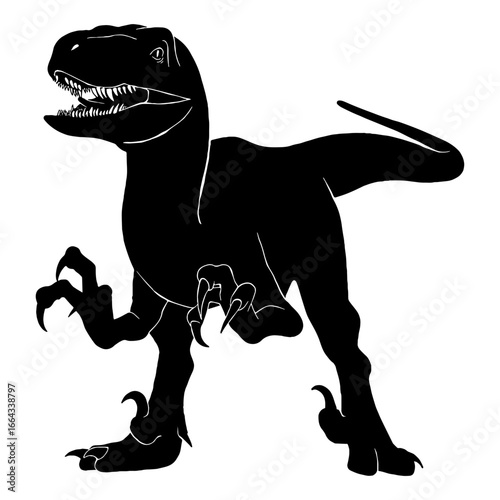 Black silhouette drawing with white lines of the carnivorous dinosaur Velociraptor and the dinosaur Giganotosaurus on a white background