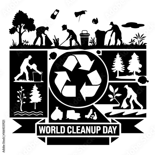 World Cleanup Day silhouettes Illustration of people cleaning up trash for world clean up day Promoting Environmental Awareness and Community Action for a Cleaner Planet.