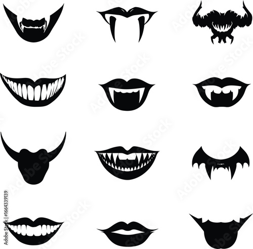 Grid of Twelve Stylized Black and White Mouth Illustrations Featuring Fangs, Horns, and Beastly Shapes Evoking Supernatural, Horror, and Fantasy Themes