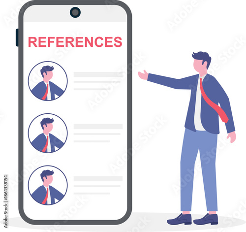 Flat illustration of businessman hold reference documents with list people and work experience professional recommendation
