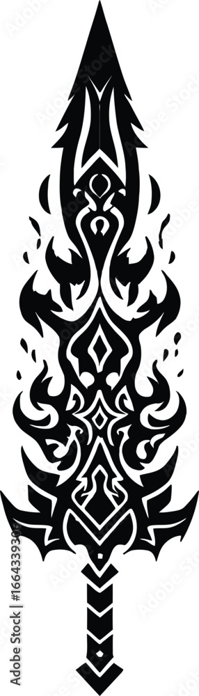Naklejka premium Stylized Symmetrical Tribal Sword Design with Flame-Like and Geometric Patterns Forming Blade, Guard, and Hilt for Tattoo, Fantasy, or Graphic Art Use