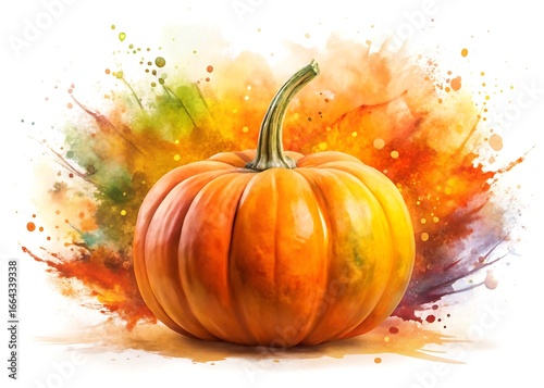 Vibrant watercolor splash surrounds a single ripe orange pumpkin