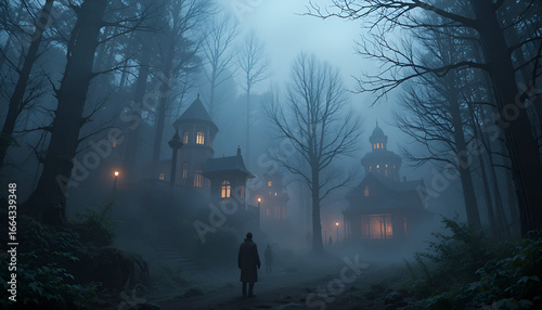 Mysterious figures wander through a foggy, enchanted forest with glowing, vintage homes and eerie ambiance.