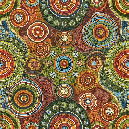 Seamless Pattern, Vibrant aboriginal dot painting featuring concentric circles and earthy tones design Stock royalty free image.