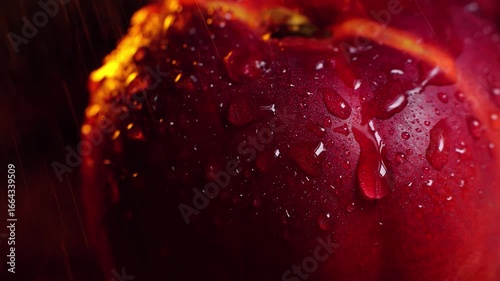 Extreme close up  drops of water falling on and flowing down  from a red nectarine on a dark background slow motion 200 fps
