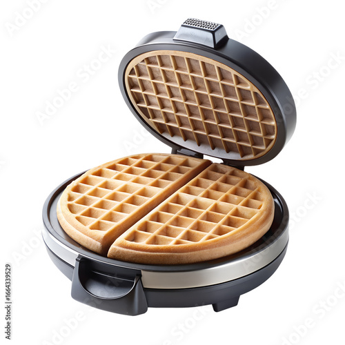 A modern black and silver waffle maker, open to reveal two golden brown waffles cooking inside, isolated on transparent background