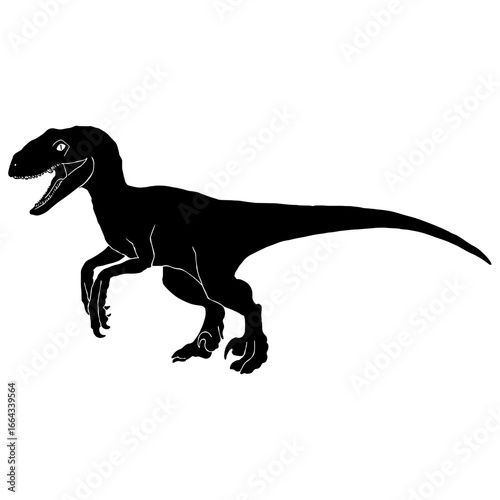 Black silhouette drawing with white lines of the carnivorous dinosaur Velociraptor and the dinosaur Giganotosaurus on a white background