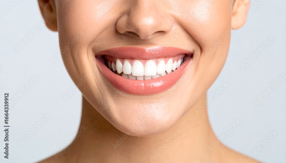 Obraz premium Close-up of a woman's bright, healthy smile against a neutral background