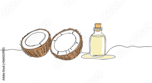 Coconut halves and coconut oil in a minimalist sketch.