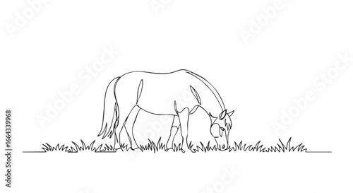 A minimalist line drawing of a horse grazing on grass.