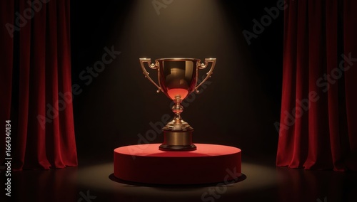 A golden trophy sits elegantly on a crimson pedestal, bathed in dramatic spotlight, against a backdrop of rich burgundy velvet curtains.
