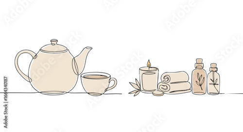 A minimalistic spa line drawing featuring a teapot, teacup, candle, towels and aromatherapy bottles.