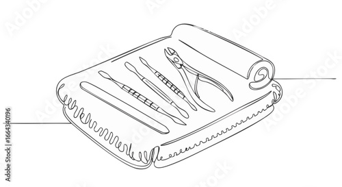 A line art illustration of manicure tools arranged on a tray. 