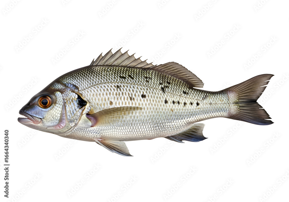Fototapeta premium A side view of a silver fish, highlighted against a plain black background, displaying detailed scales and fins.