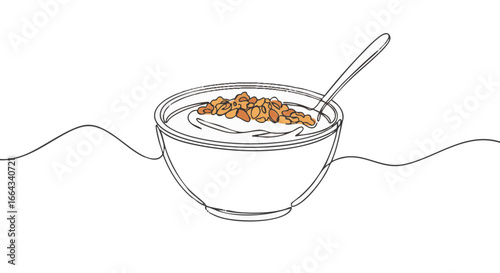A minimalist line art of a bowl of oatmeal with a spoon. 