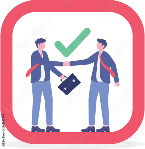 Flat illustration of two businessmen shaking hands and standing on large check mark box,
