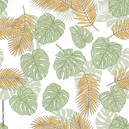Seamless Pattern, Tropical leaves seamless pattern featuring monstera and palm fronds illustration Stock royalty free
